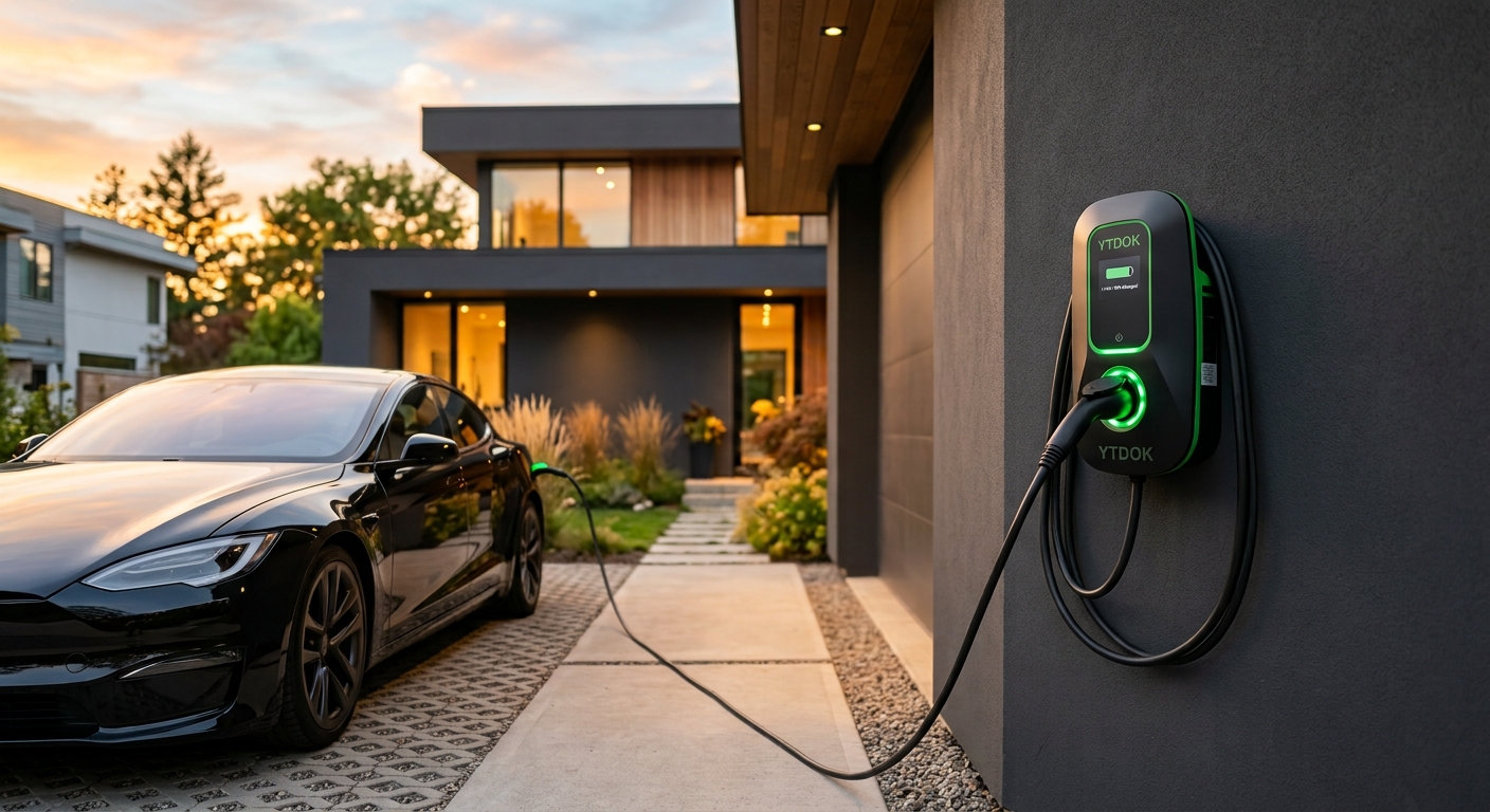 Ev girişinde duvara monte şarj cihazı ve şarj olan elektrikli araç