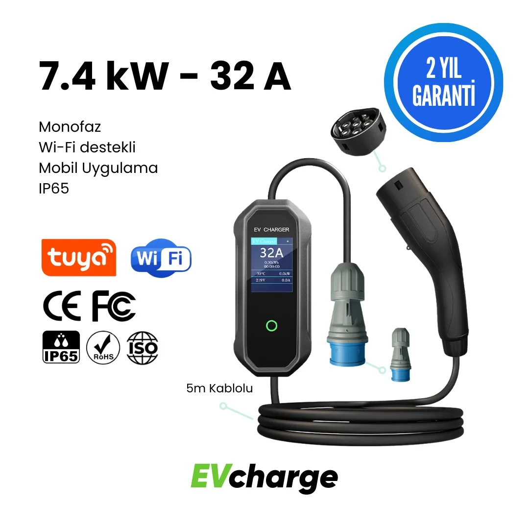 EVcharge 7.4 kW 32Amp. Elektrikli Araç Şarj Cihazı